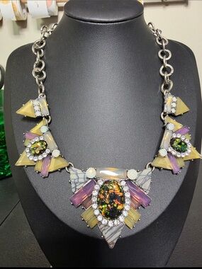 PL Statement Multicolor Crystal & Resin Bib Necklace - Yellow Purple Accents